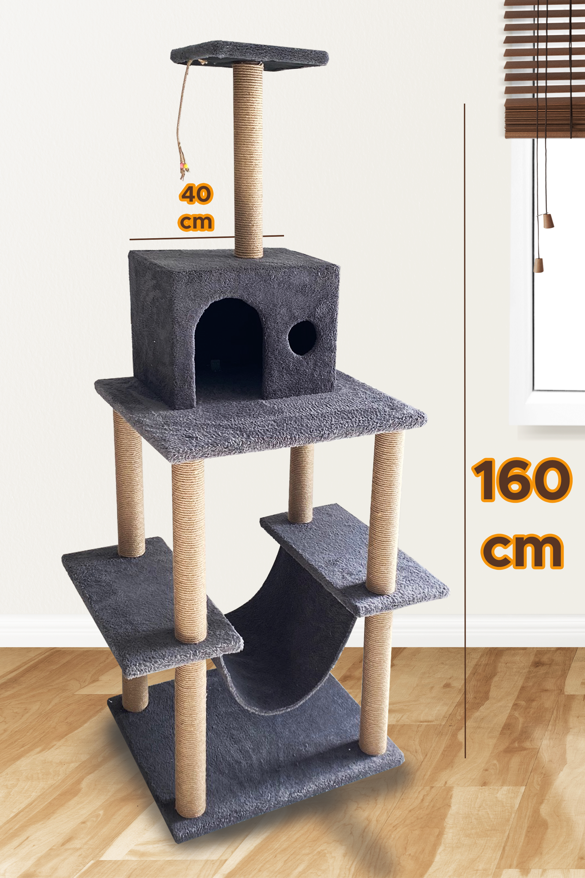 160 cm Kulübeli Hamaklı Dev Boy Kedi Tırmalama Kulesi - Antrasit