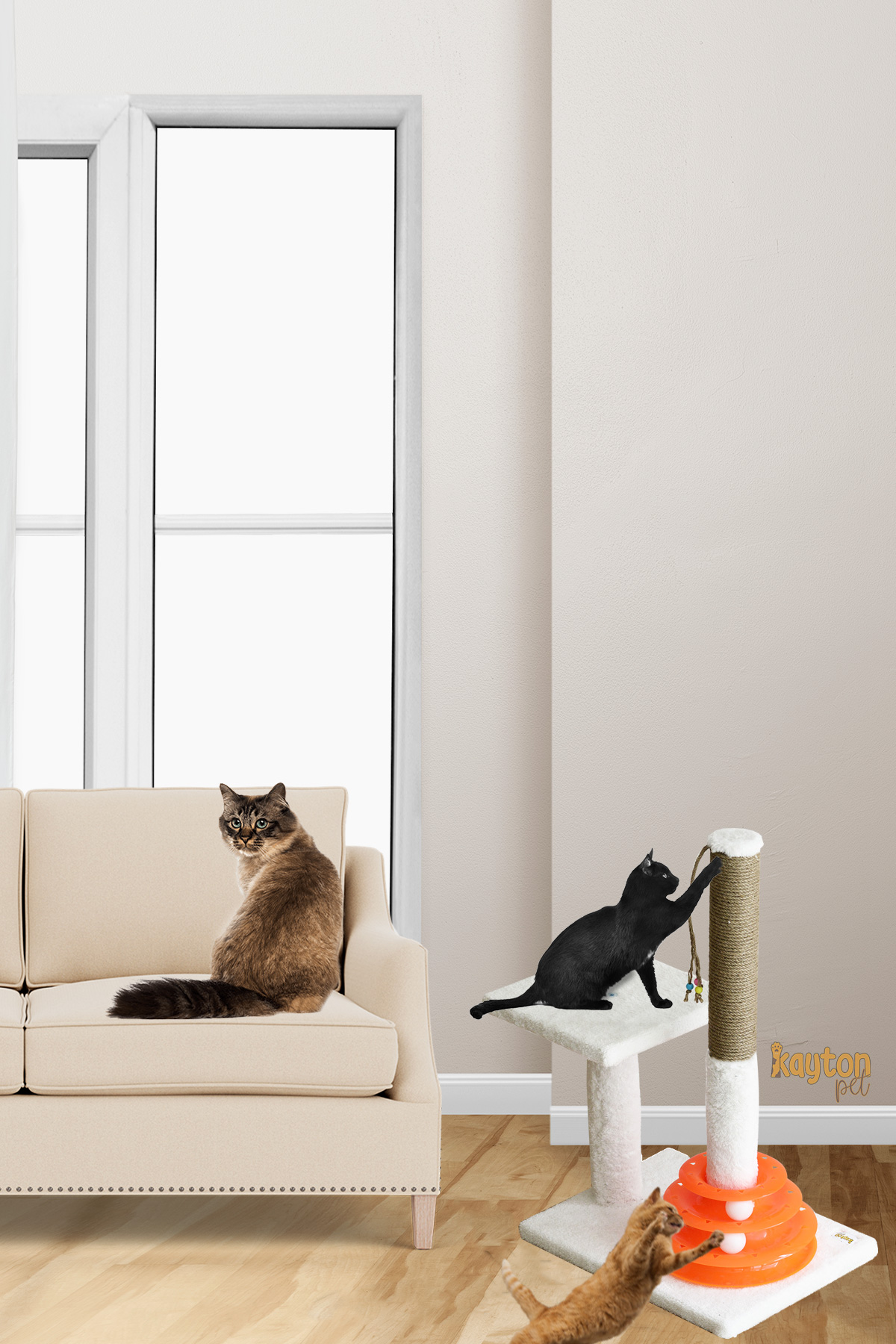 60cm Oyuncaklı Stepli Kedi Tırmalaması - Krem