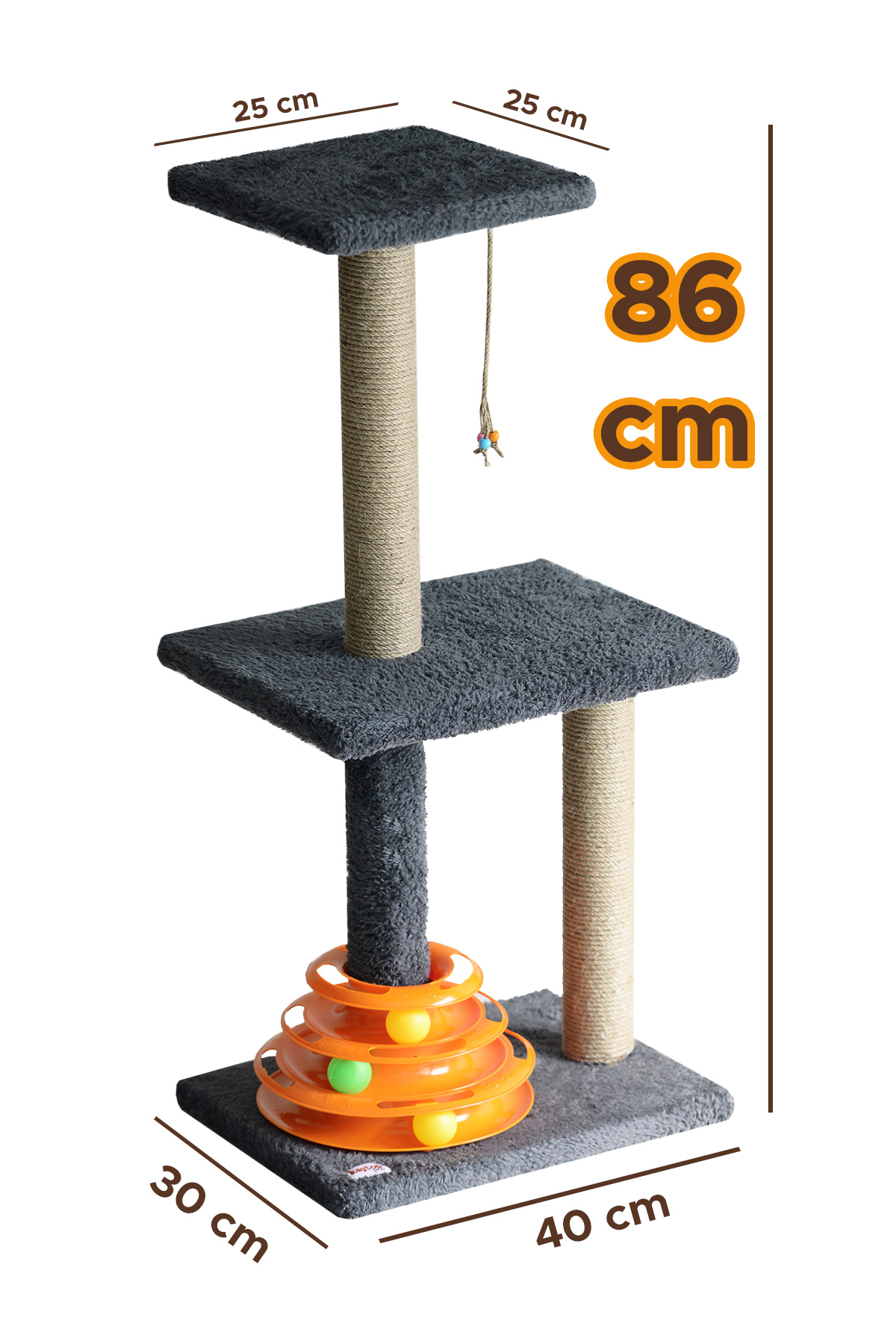 Iki Katlı 86cm Oyuncaklı Ekstra Geniş Taban Kedi Tırmalaması - Antrasit